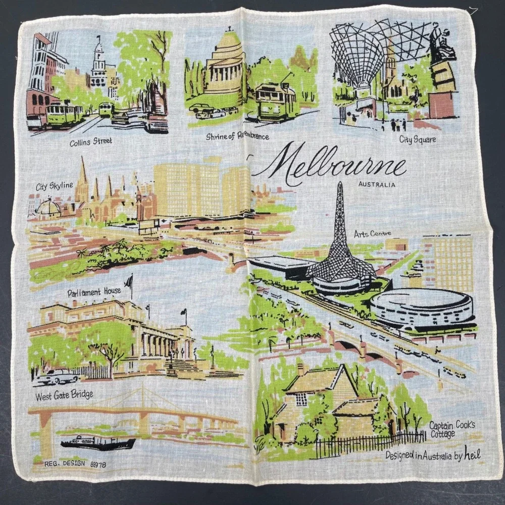 Vintage Melbourne Australia Souvenir Handkerchief Linen Scenic Landmarks 60s 70s